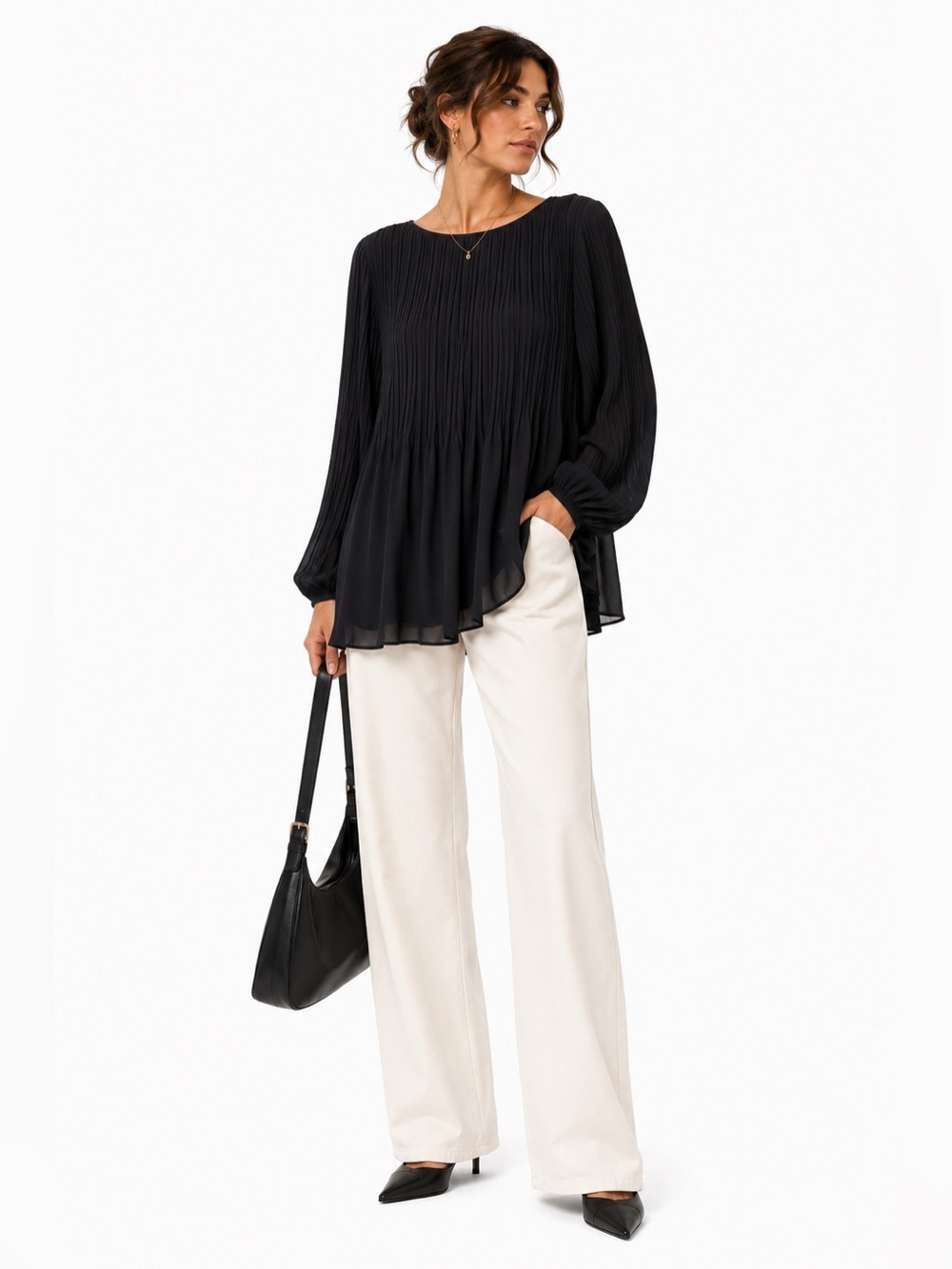 SAMOON Black Pleated Long Sleeve Blouse Top Flowy Lightweight Large